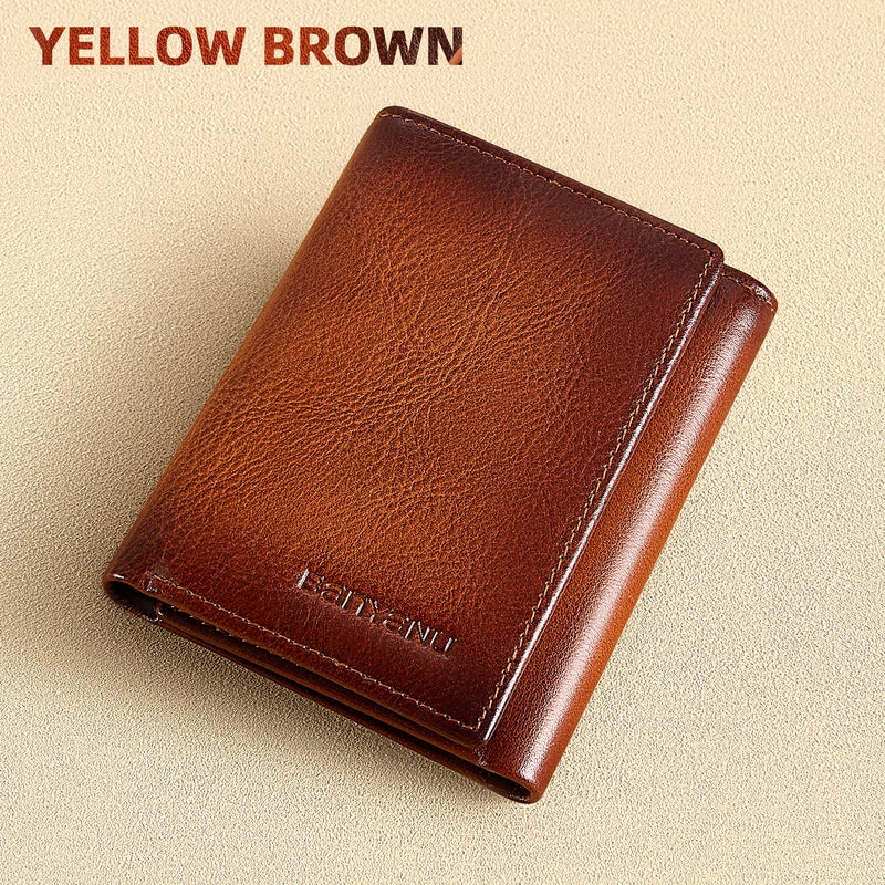 banyanu Men's Genuine Leather Tri-Fold Wallet with ID Window, 11 Card Slots, and 2 Bill Pockets; RFID Anti-Theft; Brown Leather Lining - Image 1