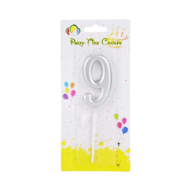 Party Time Numeral Matte Candles Cake Topper Decoration with 9 Number- Silver Color