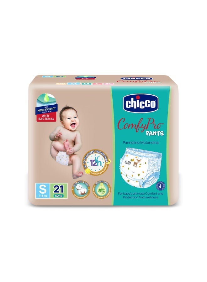 Chicco Comfy-Pro Pant Style Baby Diapers | Anti-bacterial benefits | Ultra Soft & 12hrs protection | Wetness indicator & Disposing Tapes - Small, 21 Count, 4-8 Kg - Image 1