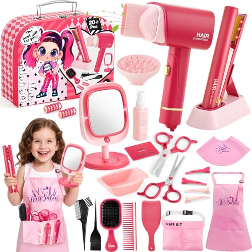 TUZT Hair Salon Toys for Girls Little Stylist Deluxe Carry Case Play Set with Real Function Lights Sounds Electric Makeup Mirror Flat Iron and Hairdryer Birthday Gifts for Kids Girls 3 4 5 6 - Image 1