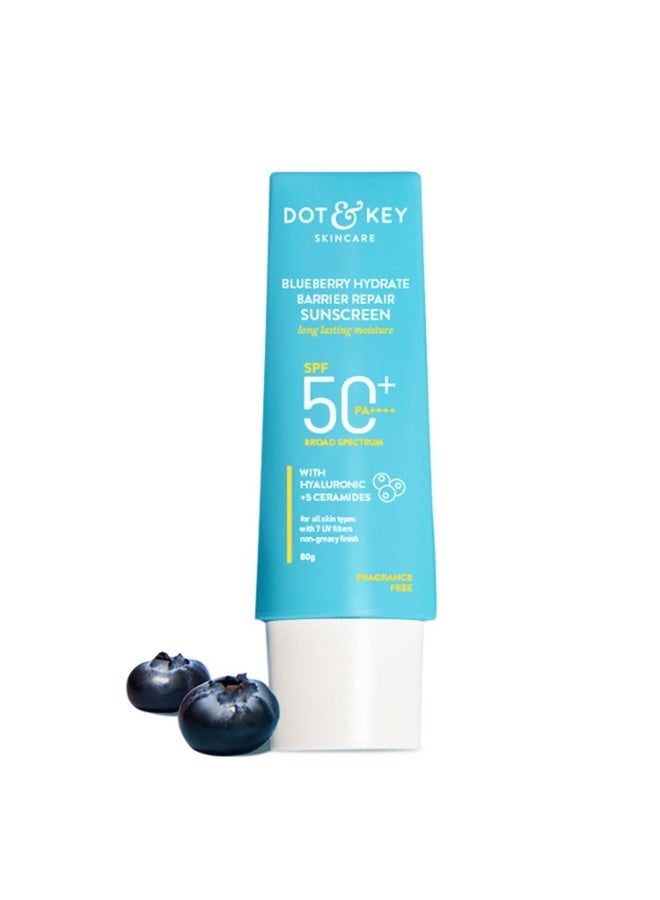 دوت آند كي واقي شمس دوت آند كي بلوبيري هايدريت بارير ريبير SPF 50+، PA++++ | للبشرة الجافة والحساسة | لمسة نهائية غير دهنية | لا يترك طبقة بيضاء | حماية من الأشعة فوق البنفسجية والضوء الأزرق | واسع الطيف || للنساء والرجال | 80 غرام - Image 1