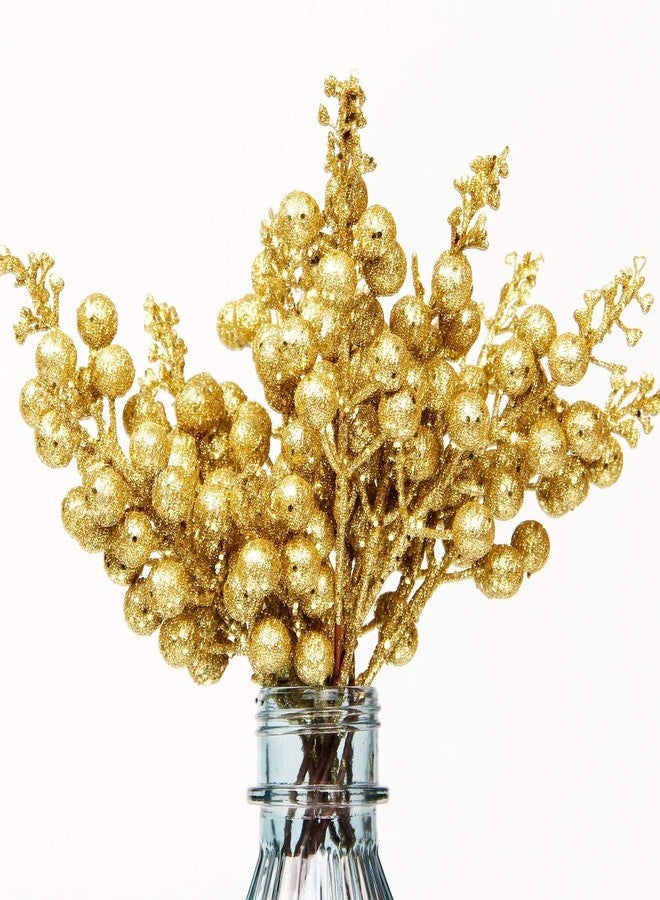 Big Box Golden 3 Bunch Beery Artificial Berry Stems Christmas Glitter Berries Artificial Fruit Berry Holly Flower Branch Picks Home Holiday Wedding Party DIY Christmas Tree Crafts Decor Golden - Image 1
