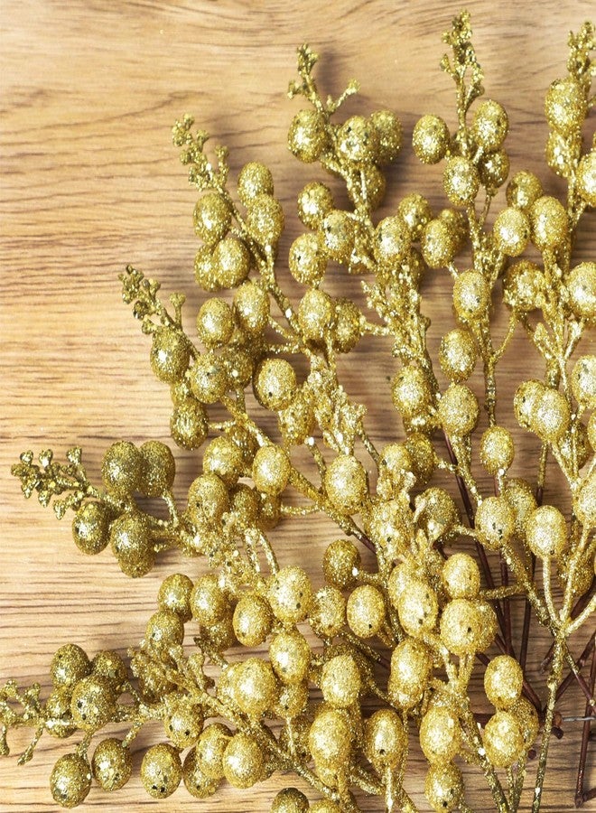 Big Box Golden 3 Bunch Beery Artificial Berry Stems Christmas Glitter Berries Artificial Fruit Berry Holly Flower Branch Picks Home Holiday Wedding Party DIY Christmas Tree Crafts Decor Golden - Image 2