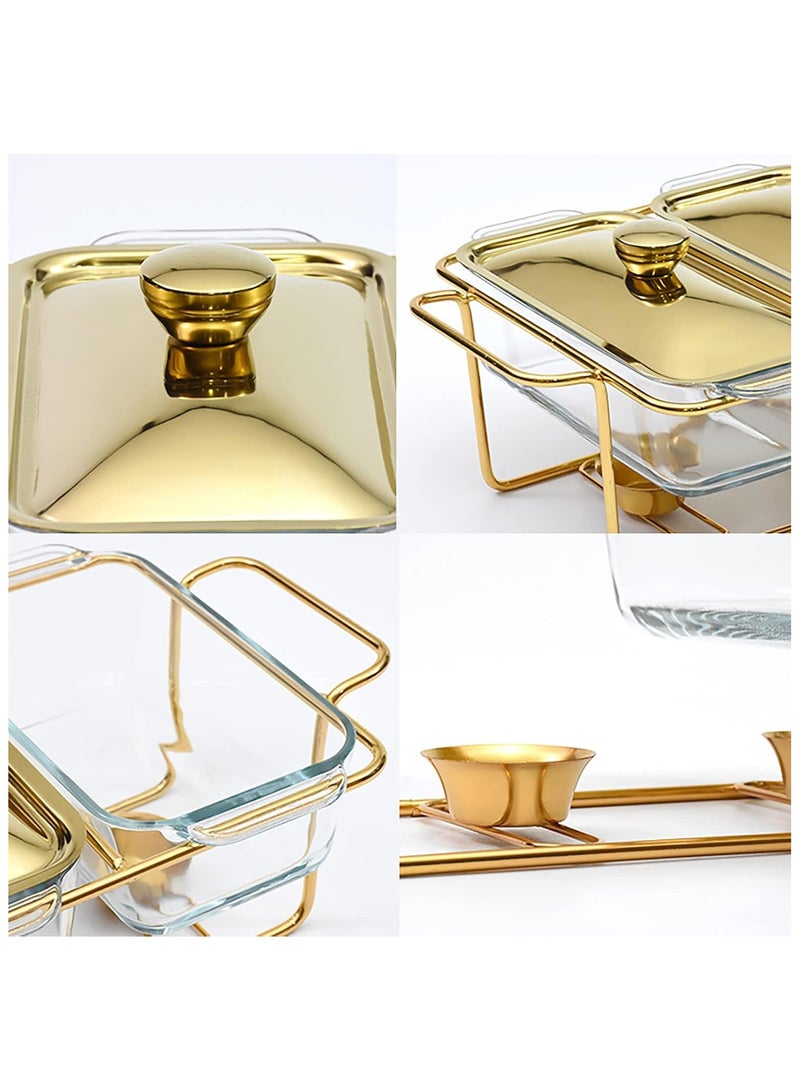 جورونب طقم بوفيه أطباق تسخين، طبق خبز زجاجي 3 في 1، طقم بوفيه تدفئة مستطيل، مع وعاء زجاجي وغطاء، حامل، أدوات تدفئة طعام للمطاعم، للحفلات والمناسبات وحفلات الزفاف والنزهات الخارجية - Image 2