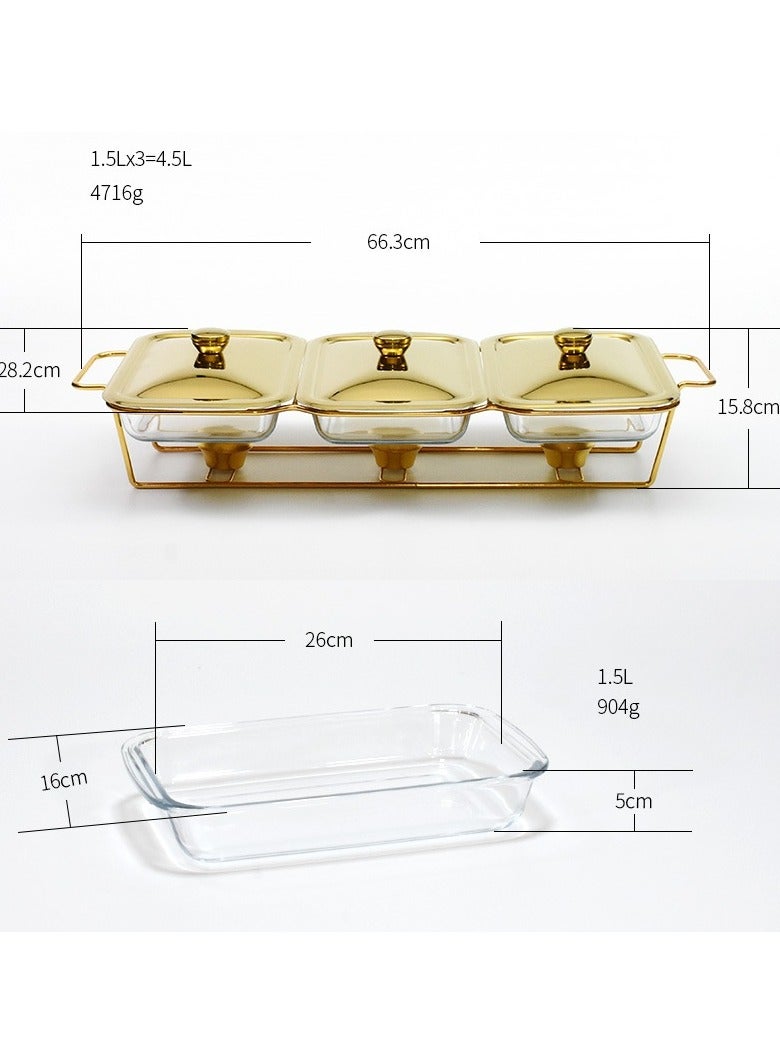 جورونب طقم بوفيه أطباق تسخين، طبق خبز زجاجي 3 في 1، طقم بوفيه تدفئة مستطيل، مع وعاء زجاجي وغطاء، حامل، أدوات تدفئة طعام للمطاعم، للحفلات والمناسبات وحفلات الزفاف والنزهات الخارجية - Image 3