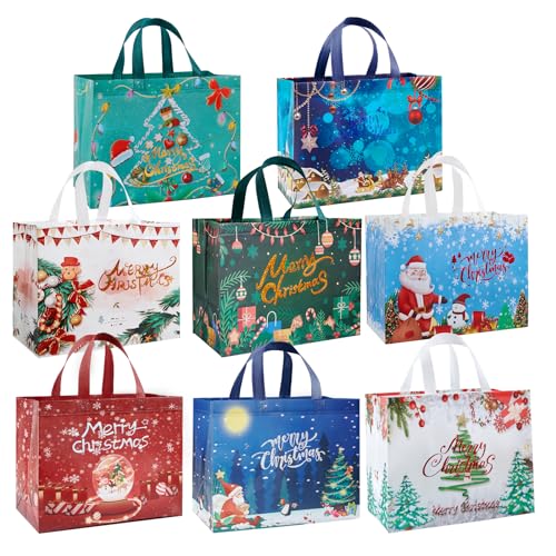 YANGTE 8 Pack Christmas Gift Bags with Handles, Large Non-Woven Tote Bags for Wrapping Xmas Party Favors, 12.8"x9.8"x6.7 - Image 1