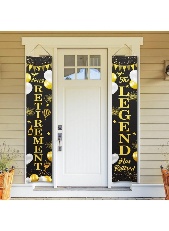 Untumble Retirement party decorations for both men & women, Black & Gold Door banner 2 pcs - "Happy Retirement" & "The Legend has Retired" - Printed cotton fabric with rope hanger - Image 1