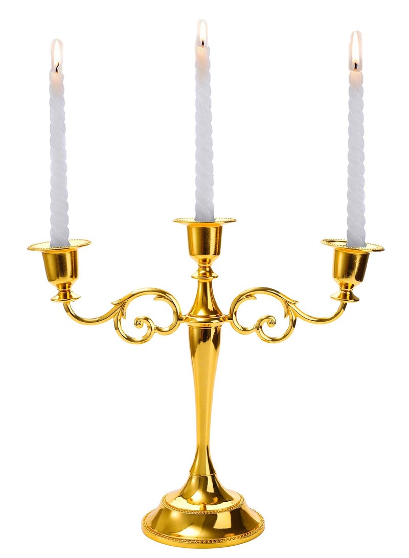 Metal Candle Holder with Candle Wood Mat, Decorative Candlestick Holder for Home Decoration, 3 Headed Candlestick Holder for Holidays Weddings, 12.9*3.9*7.1inch, Gold - Image 1