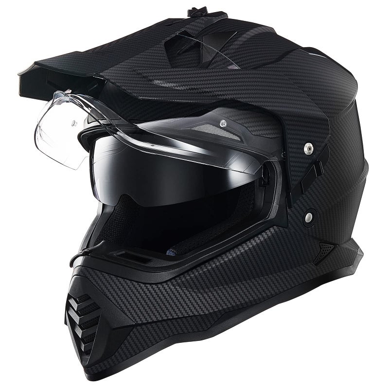 ILM Dual Sport Adventure Motorcycle Helmet with Pinlock Compatible Sun Visor Snowmobile ATV Dirt Bike Off Road Casco Model WS902 Carbon Fiber L
