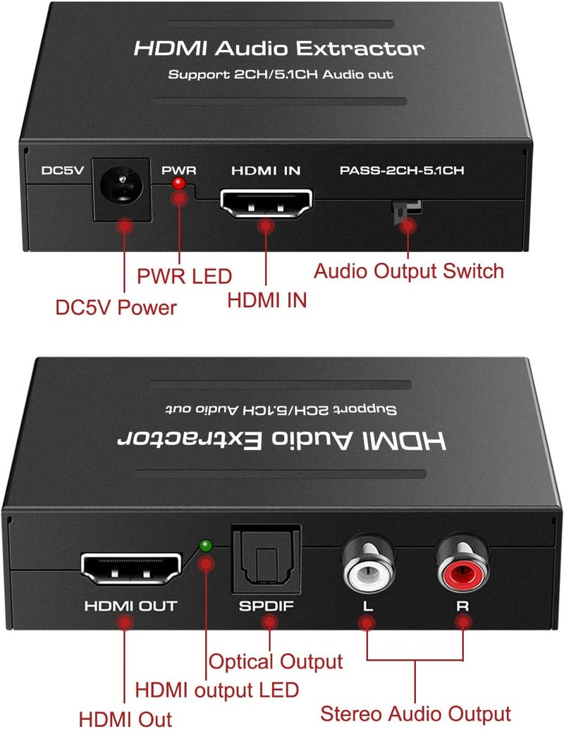 ال في واي مستخرج صوت HDMI، 4K HDMI إلى HDMI + صوت (SPDIF + RCA ستيريو) مستخرج صوت يدعم أجهزة Apple TV وFire TV ومشغلات Blue-Ray، محول HDMI إلى صوت بصري - Image 2