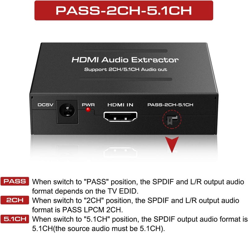 ال في واي مستخرج صوت HDMI، 4K HDMI إلى HDMI + صوت (SPDIF + RCA ستيريو) مستخرج صوت يدعم أجهزة Apple TV وFire TV ومشغلات Blue-Ray، محول HDMI إلى صوت بصري - Image 4