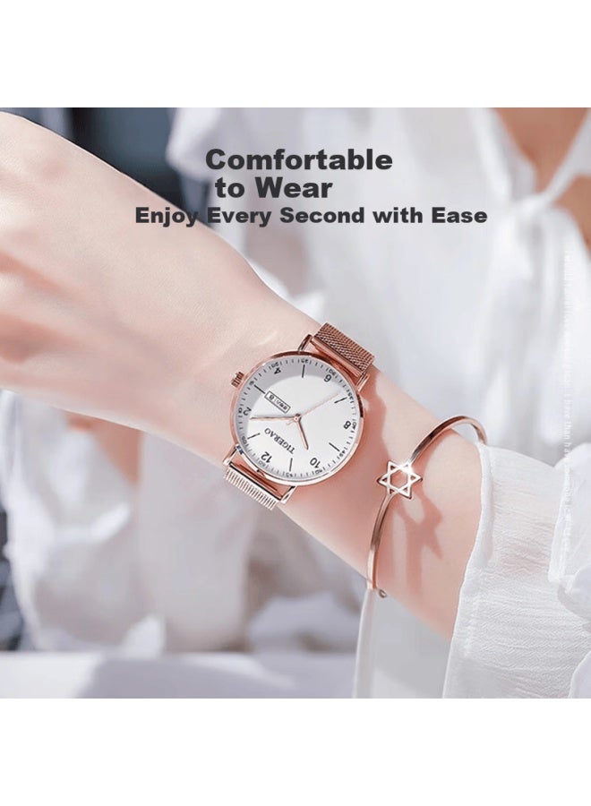 Yajia Ladies Watch, Women's Watch With Dual Calendar, Korean Style Fashionable Large Dial Quartz Watch With Student Mesh Strap For Wome - Image 2