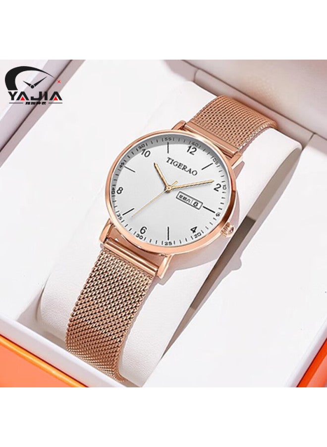Yajia Ladies Watch, Women's Watch With Dual Calendar, Korean Style Fashionable Large Dial Quartz Watch With Student Mesh Strap For Wome - Image 1