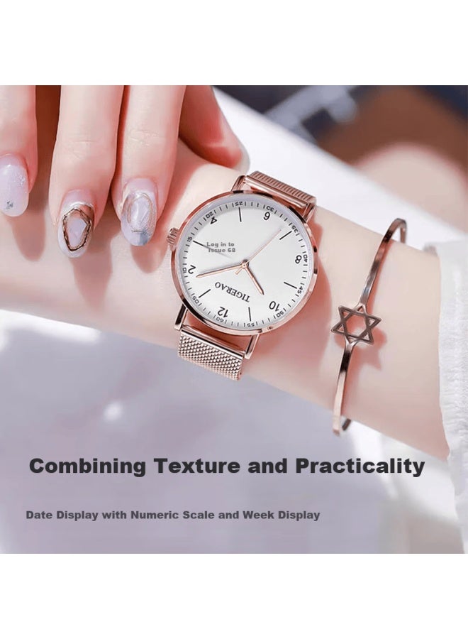 Yajia Ladies Watch, Women's Watch With Dual Calendar, Korean Style Fashionable Large Dial Quartz Watch With Student Mesh Strap For Wome - Image 3