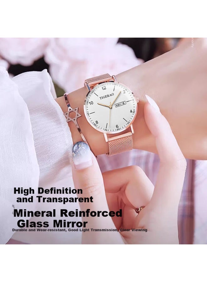 Yajia Ladies Watch, Women's Watch With Dual Calendar, Korean Style Fashionable Large Dial Quartz Watch With Student Mesh Strap For Wome - Image 5