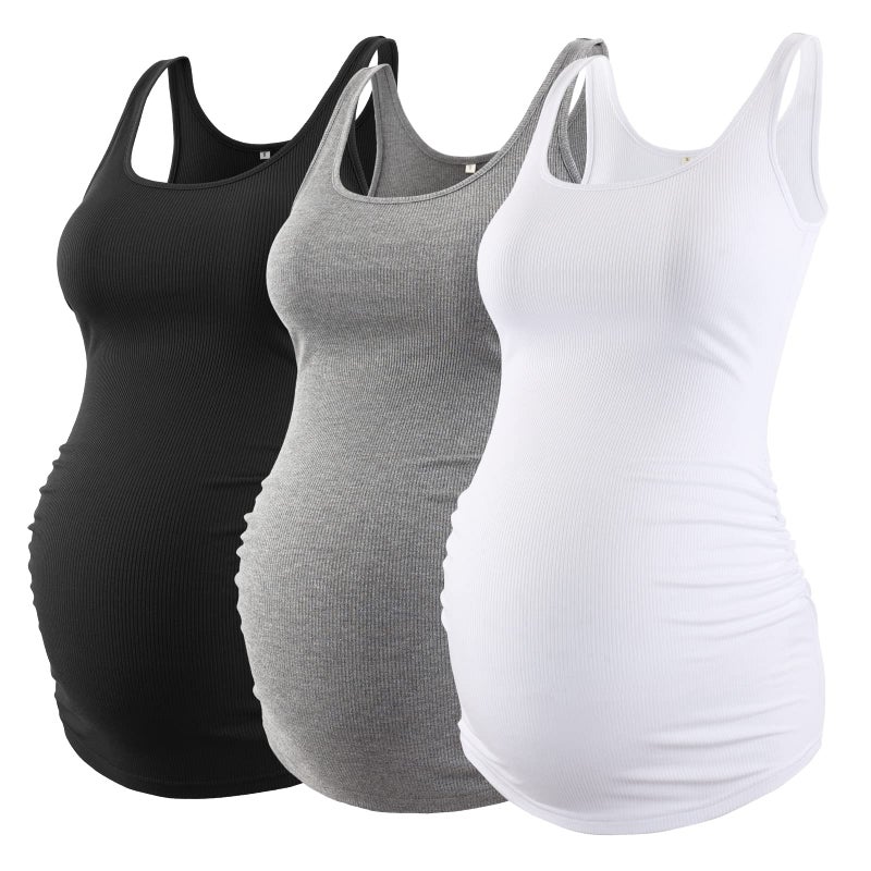 Liu Qu Maternity Tank Tops Rib SideShirred Sleeveless Pregnancy Basic Shirt 3Pack