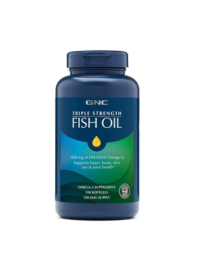 GNC Triple Strength Fish Oil Omega 3 Supplement, 1000mg EPA and DHA, Supports Heart, Brain, Skin, Eye and Joint Health, Burpless, Ultra Concentrated, High Potency, Wild Caught, 120 Softgels - Image 1