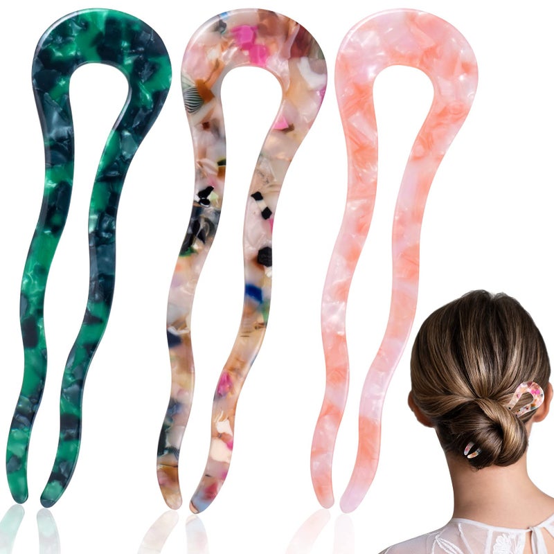 OIIKI 3pcs French U Shaped Hair Forks Pins Sticks for Buns Thick Long Hair 45inch Large Wavy French Hair Pins Tortoise Shell 2 Prong Ushape Hairpins Hair Accessories for Women Girls