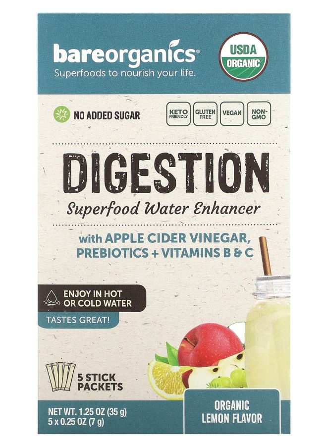 Digestion Superfood Water Enhancer Organic Lemon 5 Stick Packets 0.25 oz (7 g) Each