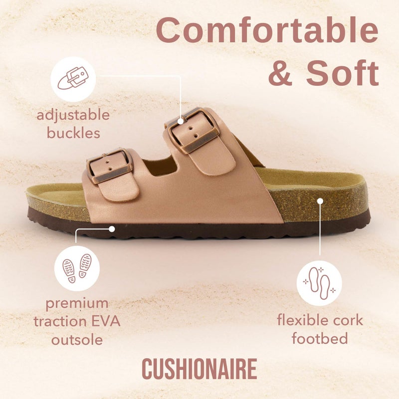 CUSHIONAIRE CUSHIONAIRE Lane Cork Footbed Sandals for Women – Comfortable Double Buckle Slip-On with Genuine Suede Footbed & Arch Support Slides for Women Footwear, GOLD 6.5 - Image 4