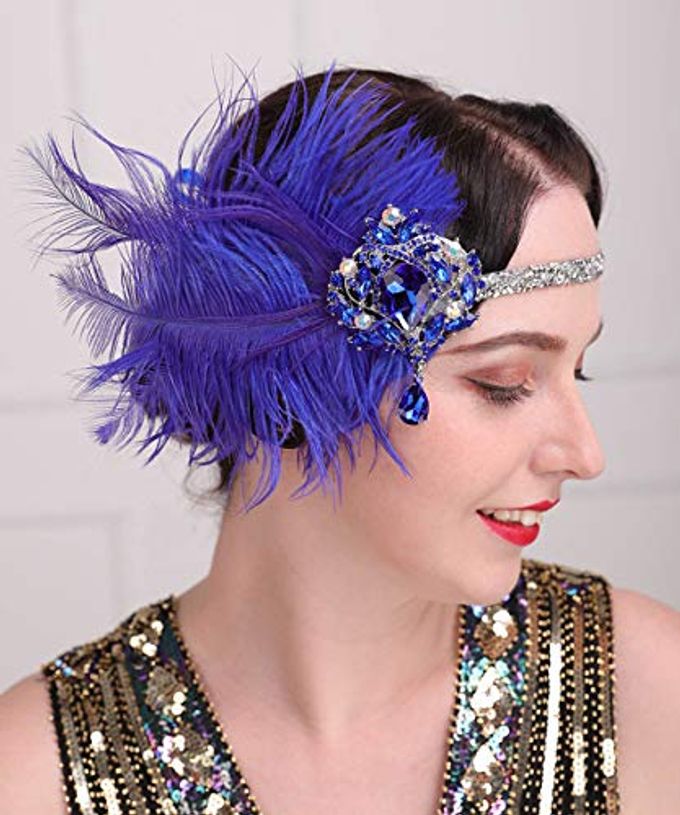 Aimimier 1920s Flapper Feather Headband Royal Blue Sapphire Headpiece with Sparkling Crystal Head Chain Masquerade Hair Accessories for Women - Image 3