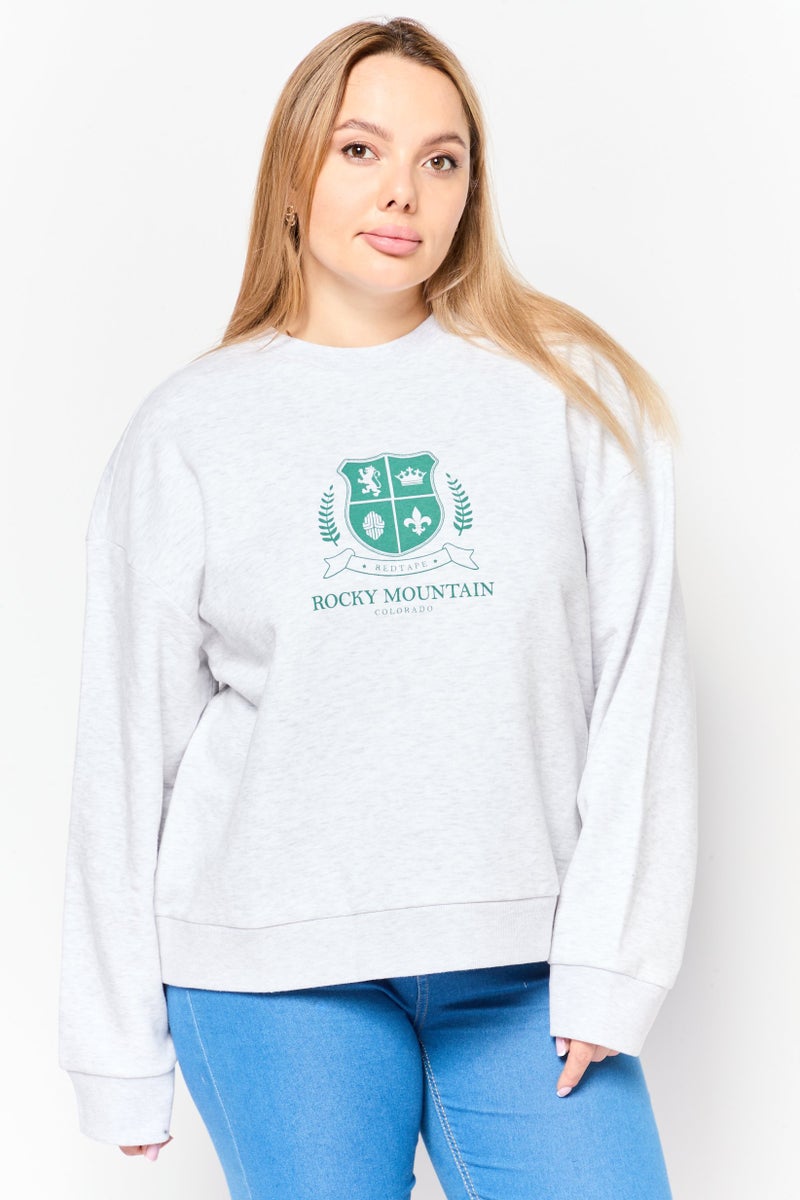 MODE Women Crew Neck Long Sleeve Graphic Sweatshirt, Light Grey - Image 1