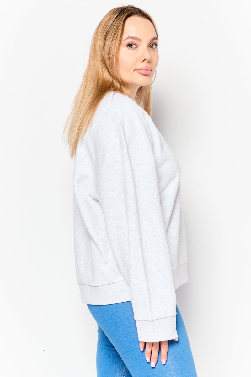 MODE Women Crew Neck Long Sleeve Graphic Sweatshirt, Light Grey - Image 3