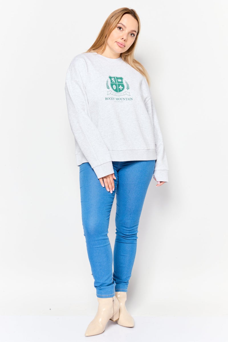 MODE Women Crew Neck Long Sleeve Graphic Sweatshirt, Light Grey - Image 2