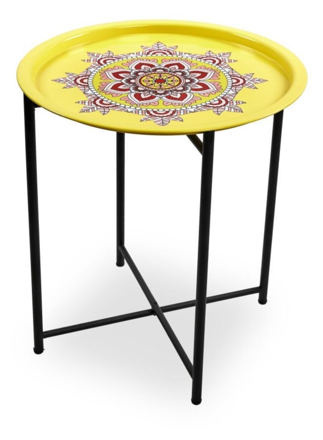 TTTP The Professionals Choice FOLDABLE METAL TABLE CONSISTS OF ROUND TRAY AND BLACK STAND FOR THE LIVING ROOM (DIAMETER 46CM, HEIGHT 51CM) YELLOW GEOMETRIC PATTERN COLOR - Image 1