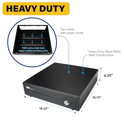 HK SYSTEMS 16" Heavy Duty Black POS Cash Drawer with 5Bill/5Coin, Removable Coin Compartment ONLY, 24V, RJ11, Single Large Front Media Slots, Black - Image 3