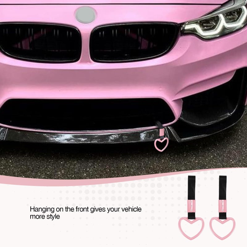 JRYEM 2PCS Heart Shaped Car Handle Straps, Rear Bumper Warning Keychain Ring with Drift Charm for Car Exterior Interior Accessories (Pink) - Image 5