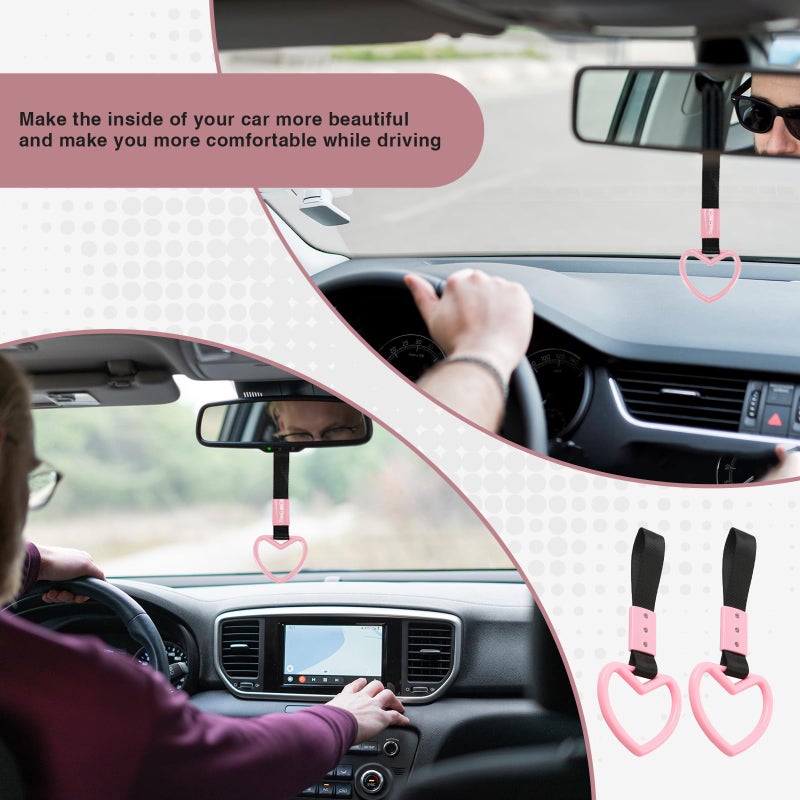 JRYEM 2PCS Heart Shaped Car Handle Straps, Rear Bumper Warning Keychain Ring with Drift Charm for Car Exterior Interior Accessories (Pink) - Image 4