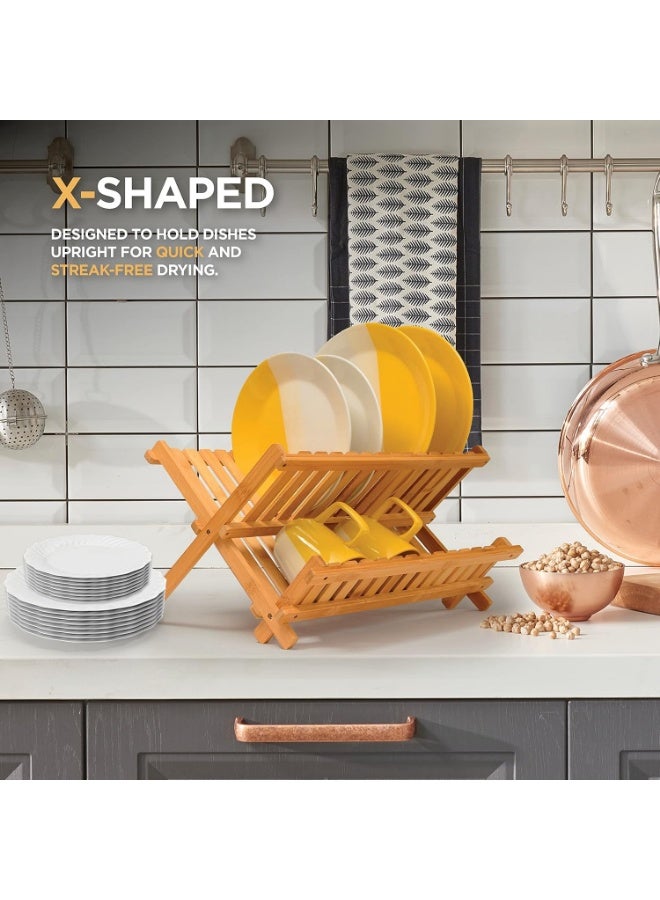 KITCHENOO Dish Drying Rack for Kitchen Counter - Collapsible 2-Tier Bamboo Dish Rack Foldable Space Saving - Wooden Dish Drainer and Drying Rack for Dishes, Plates, Cups - Kitchen Organizer Housewarming Gift - Image 2