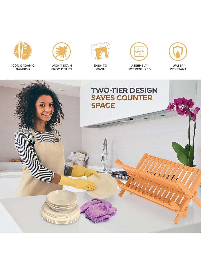 KITCHENOO Dish Drying Rack for Kitchen Counter - Collapsible 2-Tier Bamboo Dish Rack Foldable Space Saving - Wooden Dish Drainer and Drying Rack for Dishes, Plates, Cups - Kitchen Organizer Housewarming Gift - Image 3