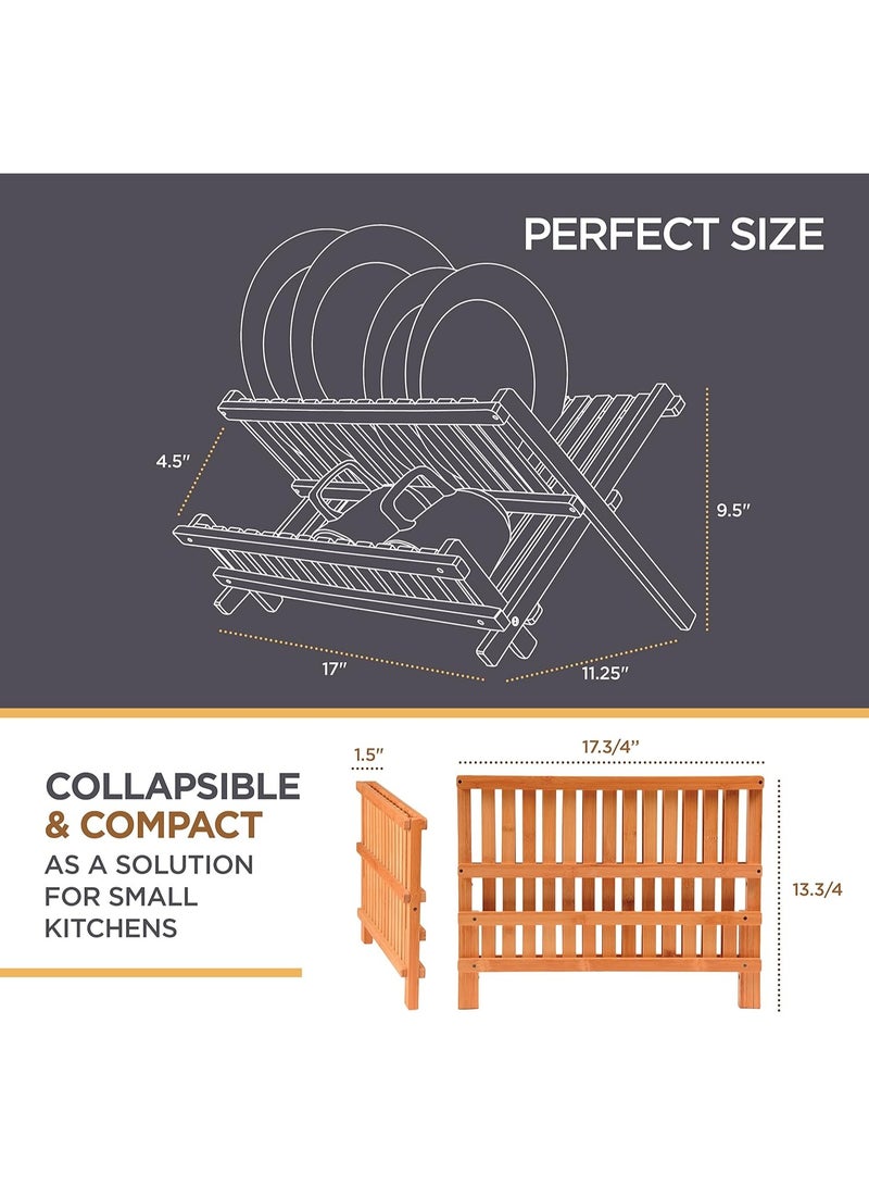 KITCHENOO Dish Drying Rack for Kitchen Counter - Collapsible 2-Tier Bamboo Dish Rack Foldable Space Saving - Wooden Dish Drainer and Drying Rack for Dishes, Plates, Cups - Kitchen Organizer Housewarming Gift - Image 4