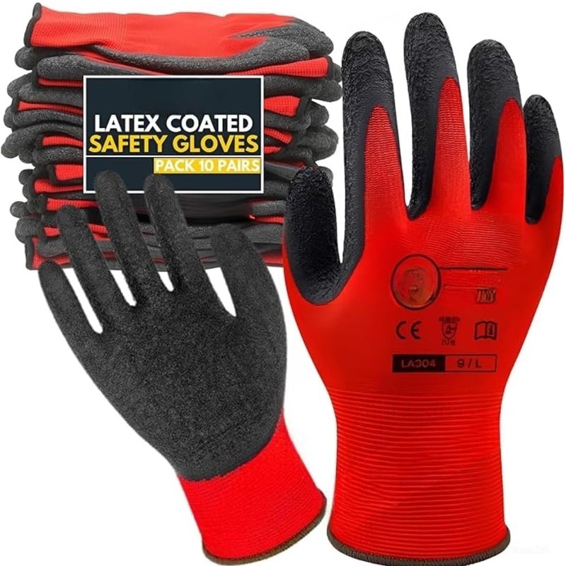 QTM QTM Nylon Latex Coated Firm Grip Industrial Safety Work Cut Resistant Gloves Red Pack of 5 Pairs  - Image 1