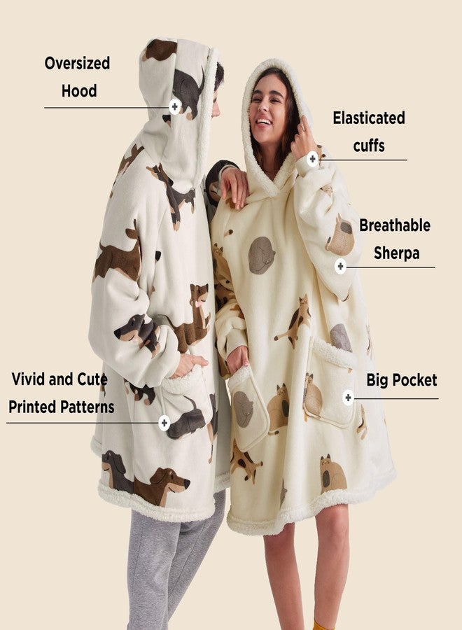 Bedsure Wearable Blanket Hoodie, Sherpa Hooded Blanket Printed for Adult & Kids as Gifts for Women, Mom Gifts Sherpa Hoodie, Standard, Cat, Light Beige - Image 2