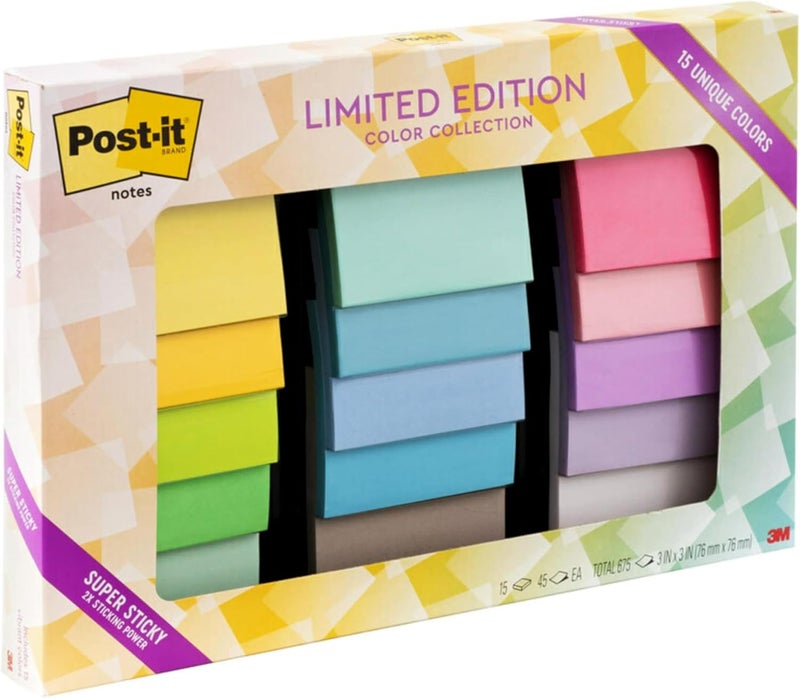 Post It Super Sticky Notes, Limited Edition Color Collection, 3x3 in, 15 Pads/Pack, 45 Sheets/Pad - Image 1