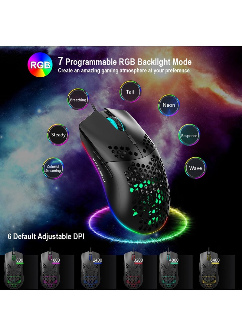 HXSJ - RGB Gaming Keyboard and Mouse, Wired USB Keyboard, 61-Keys Membrane Mechanical Feel, 6400DPI Programmable Mouse, 6 Lighting Modes for Windows PC Gamers, Black - Image 1