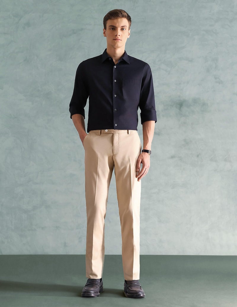 Arrow Solid Tailored Regular Fit Formal Trousers for Men - Full Length Formal Pants for Men Office Wear - 32, Beige - Image 2