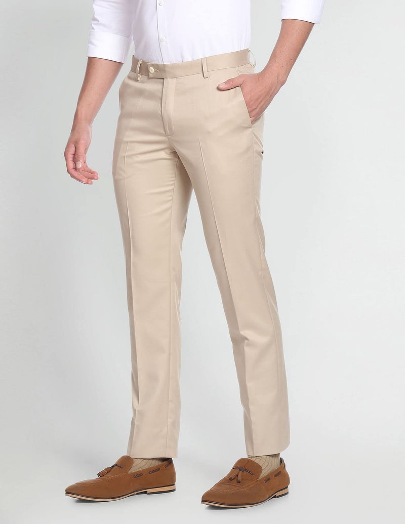 Arrow Solid Tailored Regular Fit Formal Trousers for Men - Full Length Formal Pants for Men Office Wear - 32, Beige - Image 3
