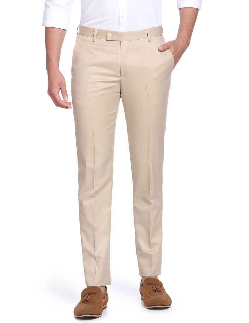 Arrow Solid Tailored Regular Fit Formal Trousers for Men - Full Length Formal Pants for Men Office Wear - 32, Beige - Image 1