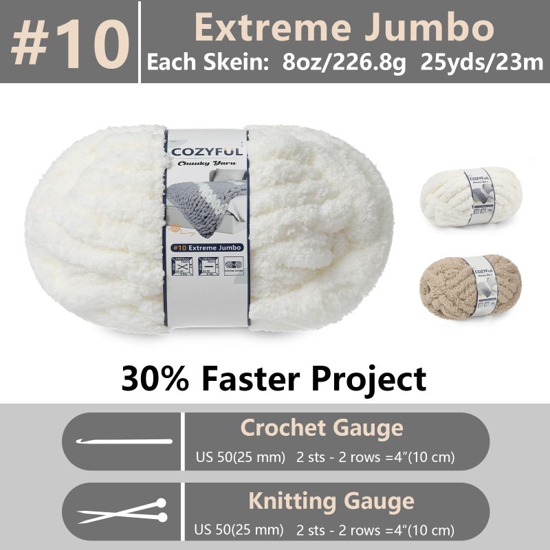 Cozyful Chunky Yarn for Hand Knitting - #10 Chunky Chenille Yarn, Jumbo Big Thick Chunky Yarns for Crocheting, Super Bulky Chunky Knit Blanket Yarns, 8 Skein (25yd, 8oz/Skein), Cream & Khaki - Image 2