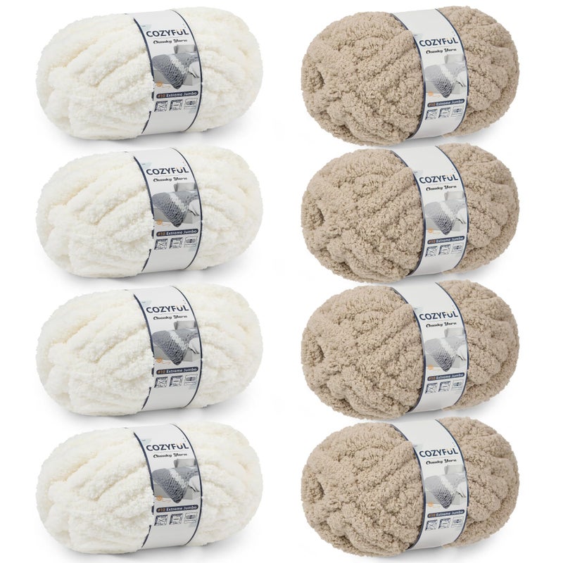 Cozyful Chunky Yarn for Hand Knitting - #10 Chunky Chenille Yarn, Jumbo Big Thick Chunky Yarns for Crocheting, Super Bulky Chunky Knit Blanket Yarns, 8 Skein (25yd, 8oz/Skein), Cream & Khaki - Image 1