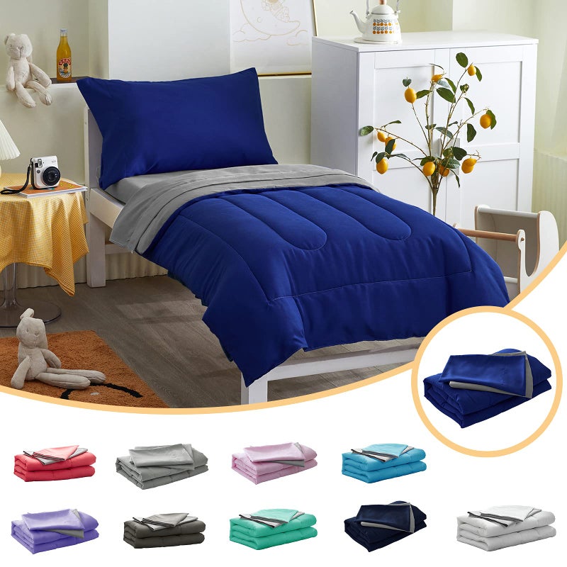 Uozzi Bedding 4 Pieces Toddler Bedding Set Ultra Soft and Breathable Toddler Comforter Sheet Set for Autumu and Winter Includes Warm Comforter Flat Sheet Fitted Sheet and Pillowcase  Royal Blue  Gray 