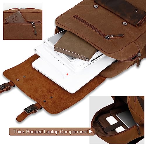 Modoker Waxed Canvas Backpack, Leather Rucksack Knapsack for Men Woman Vintage Travel Laptop Backpack 15.6 Inch Satchel Backpack, Retro Flap Backpacks Canvas Casual Bookbag Brown - Image 4