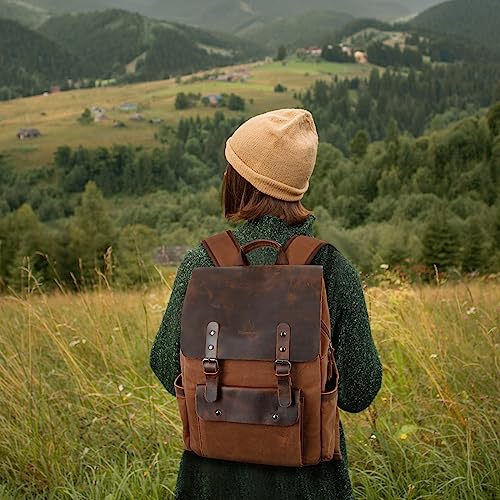 Modoker Waxed Canvas Backpack, Leather Rucksack Knapsack for Men Woman Vintage Travel Laptop Backpack 15.6 Inch Satchel Backpack, Retro Flap Backpacks Canvas Casual Bookbag Brown - Image 2