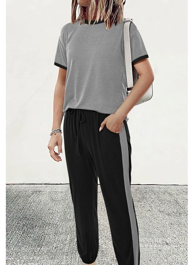 MASCOMODA Womens 2 Piece Outfits 2026 Summer Tracksuit Sets Short Sleeve Tops Travel Long Pants Jogger Lounge Set, Grey Black, M - Image 2