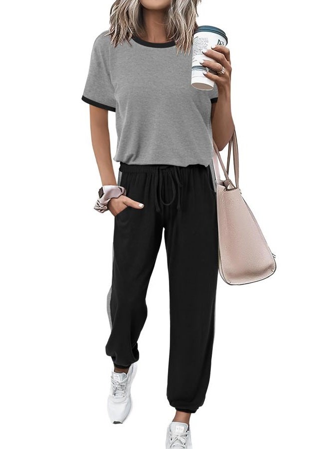 MASCOMODA Womens 2 Piece Outfits 2026 Summer Tracksuit Sets Short Sleeve Tops Travel Long Pants Jogger Lounge Set, Grey Black, M - Image 1