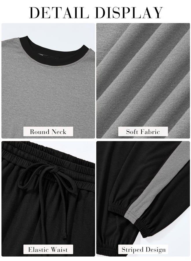 MASCOMODA Womens 2 Piece Outfits 2026 Summer Tracksuit Sets Short Sleeve Tops Travel Long Pants Jogger Lounge Set, Grey Black, M - Image 5